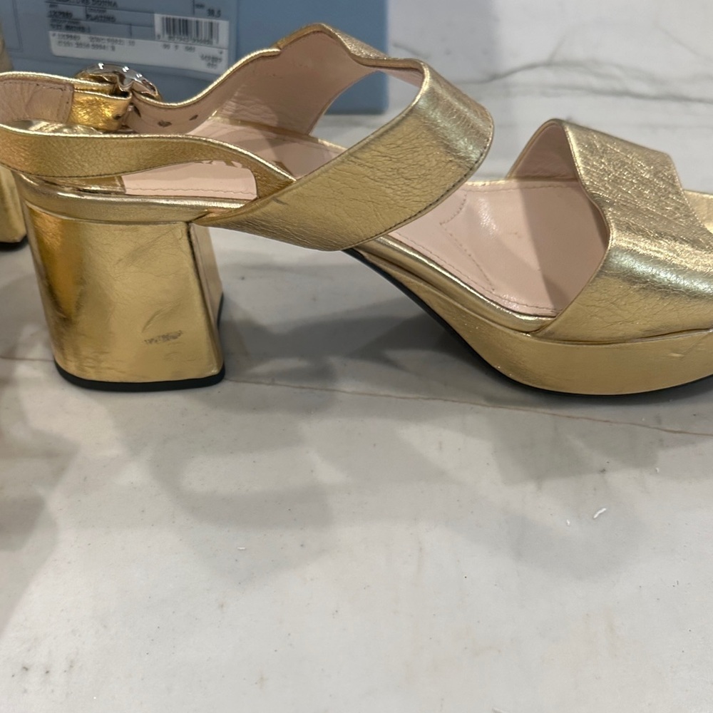 Prada Gold Block Heel Sandals - Picture 8 of 11